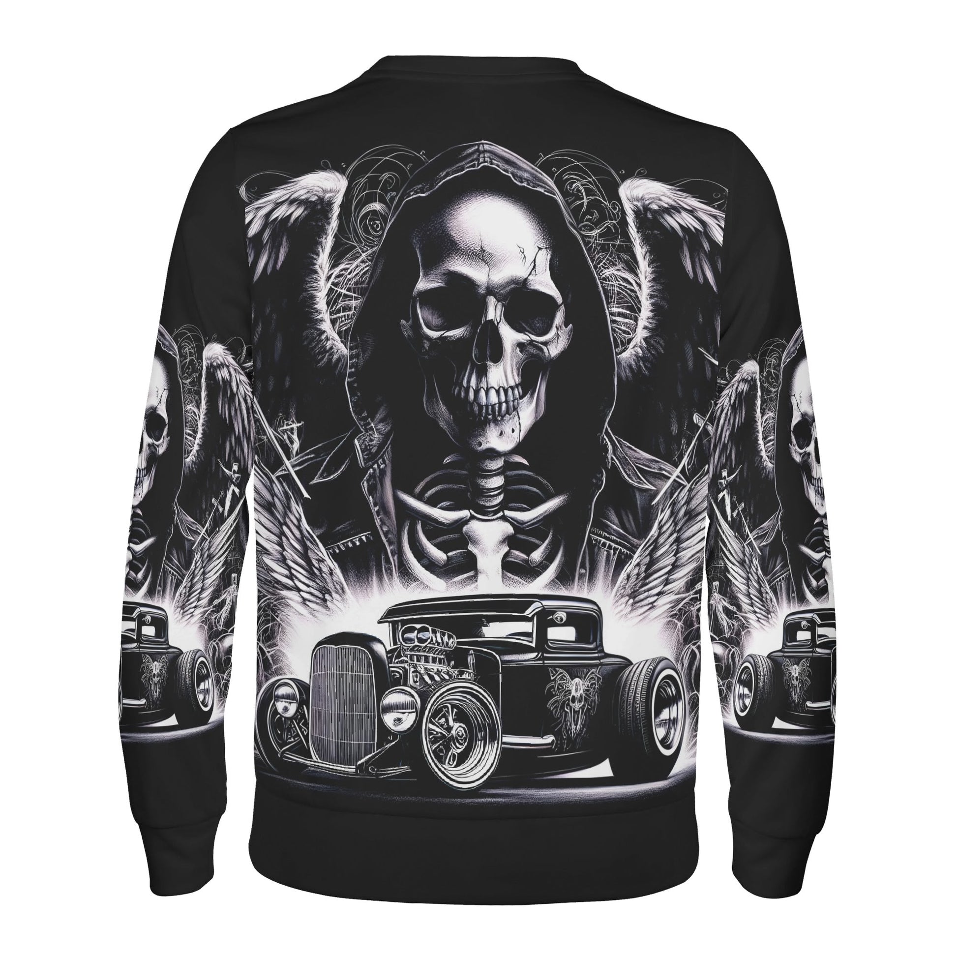 Chrome and Bones Poly French Terry Sweatshirt unisex black back print skull grim reaper with wings and hot rod