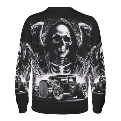 Chrome and Bones Poly French Terry Sweatshirt unisex black back print skull grim reaper with wings and hot rod
