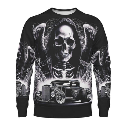Chrome and Bones Poly French Terry Sweatshirt Loud and Lethal unisex black sweater with skull reaper wings and hot rod print
