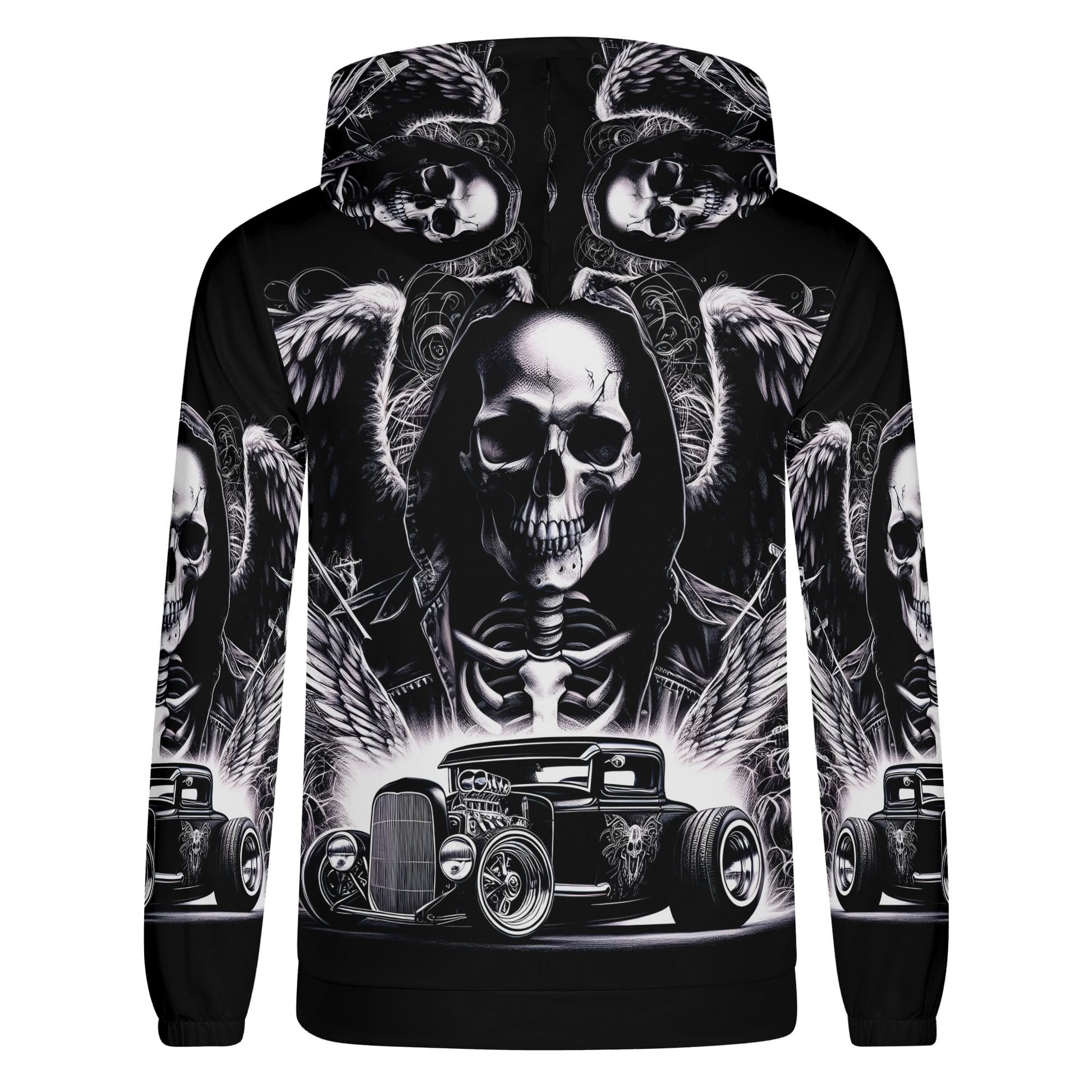 Loud and Lethal Chrome and Bones Poly French Terry hoodie with black skull and vintage car design