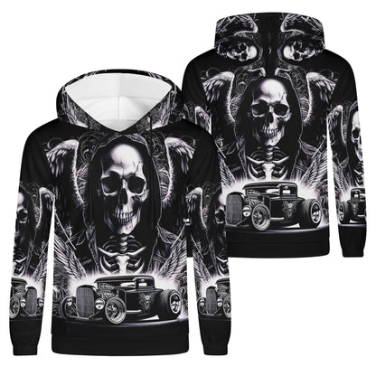 Chrome and Bones Poly French Terry hoodie featuring a skull and vintage car graphic in black and white