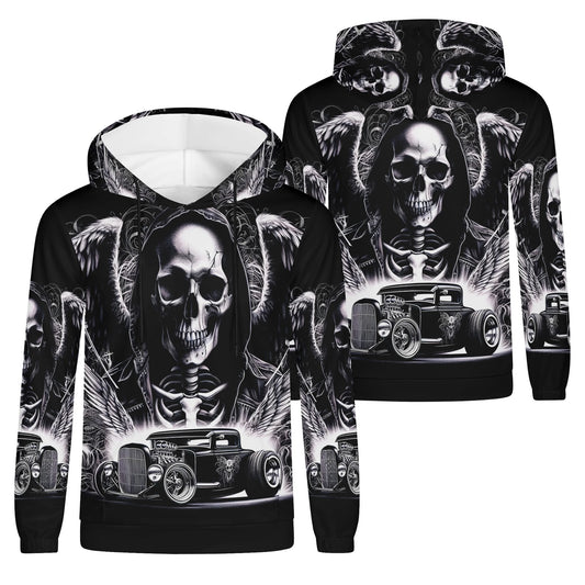 Chrome and Bones Poly French Terry hoodie featuring a skull and vintage car graphic in black and white