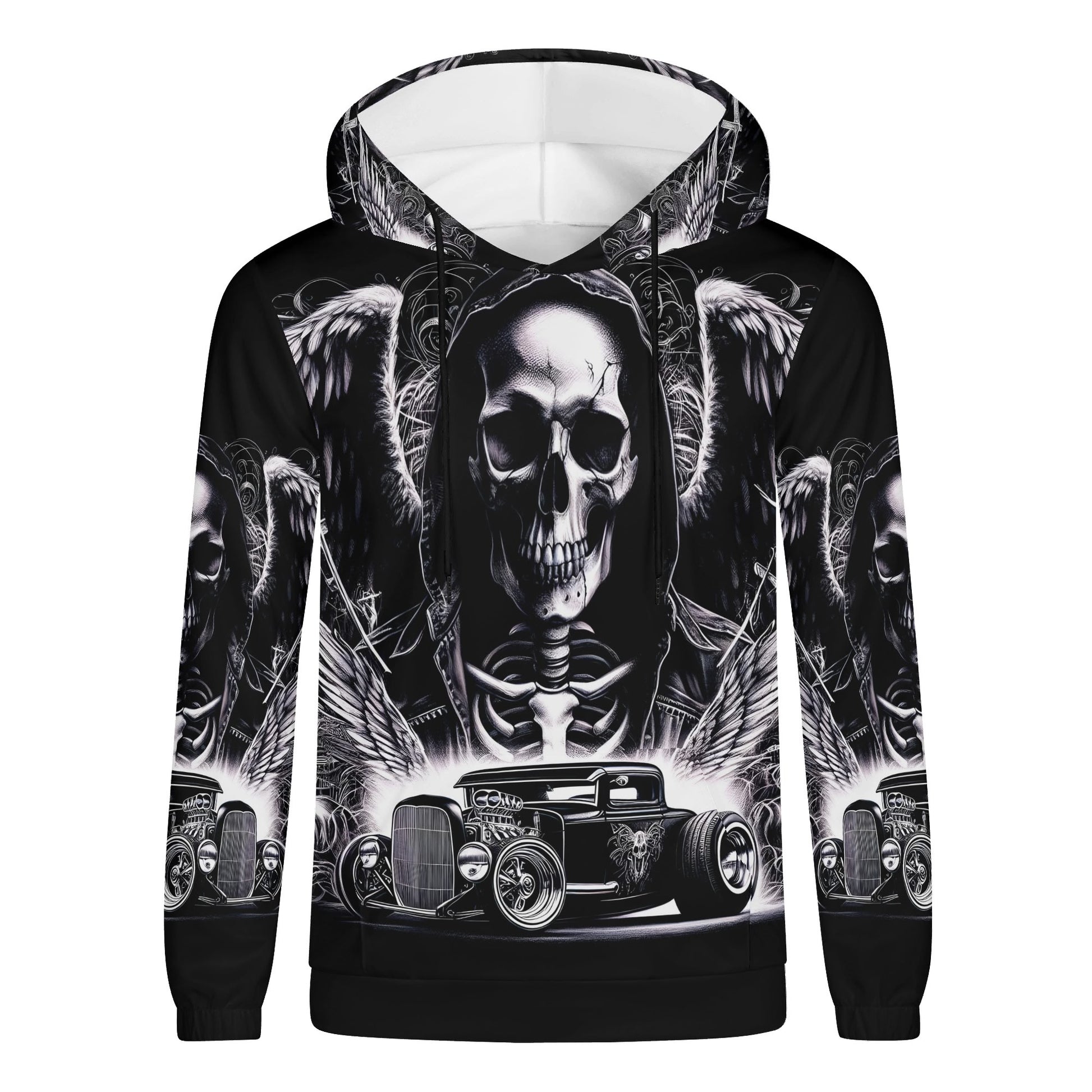 Chrome and Bones Poly French Terry hoodie by Loud and Lethal with black skull and vintage car graphic design