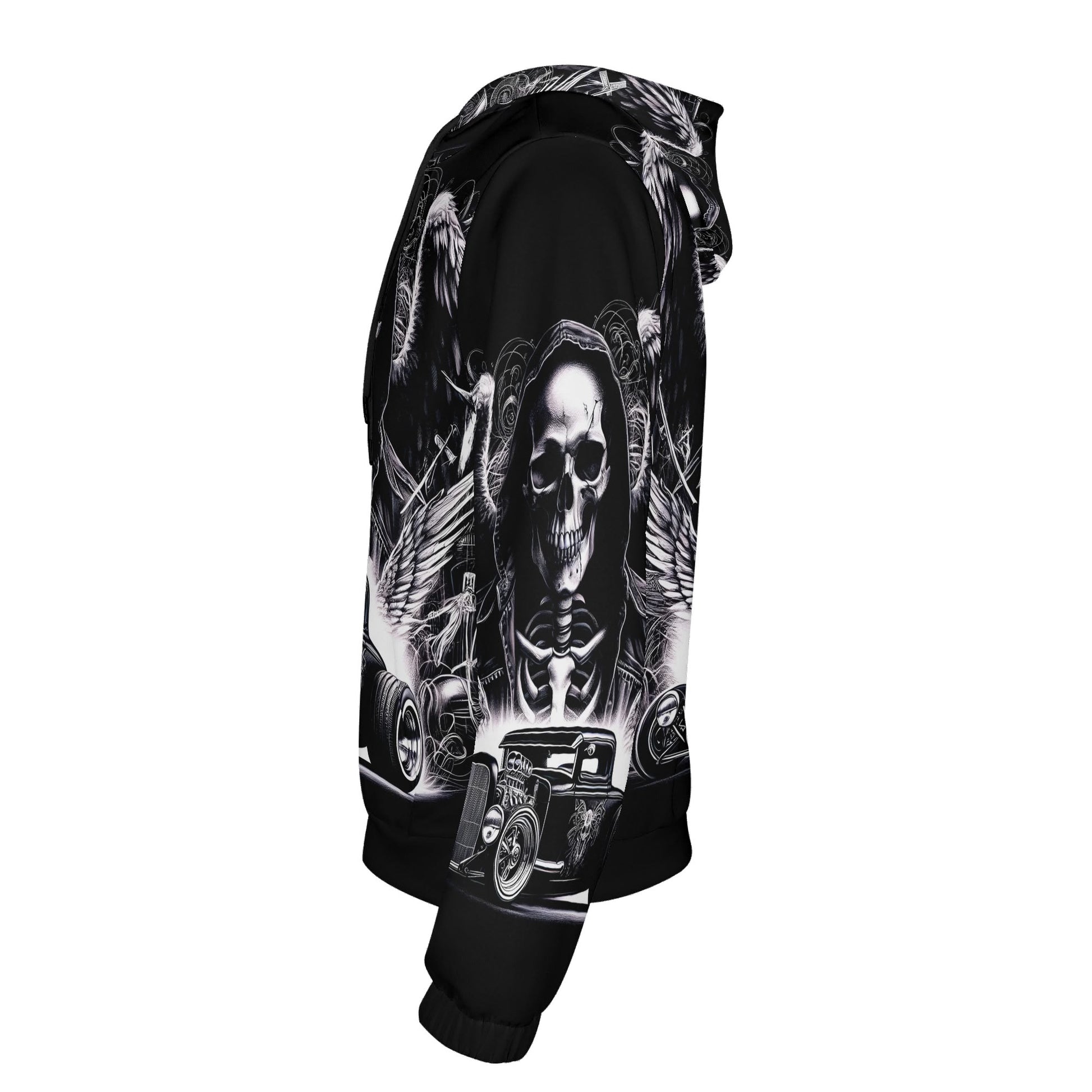 Loud and Lethal Chrome and Bones Poly French Terry hoodie with skull and car graphic design