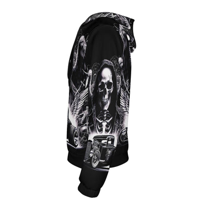 Loud and Lethal Chrome and Bones Poly French Terry hoodie with skull and car graphic design