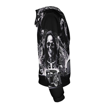 Loud and Lethal Chrome and Bones Poly French Terry hoodie with skull and vintage car graphic design