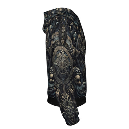Loud and Lethal Chronicles of the Ether Cotton Terry Hoodie with intricate dark fantasy armor design
