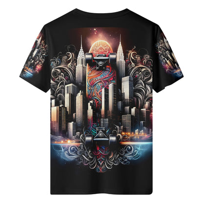 City Skate 100 Cotton T-Shirt with artistic skateboard and city skyline graphic on black unisex tee