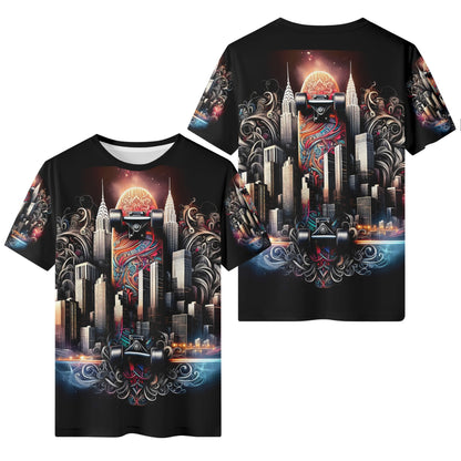 Loud and Lethal City Skate 100 Cotton T-Shirt with vibrant cityscape and skateboard graphic on black unisex tee