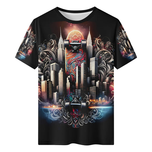 City Skate 100 Cotton T-Shirt by Loud and Lethal featuring vibrant skateboard and cityscape design on black unisex tee
