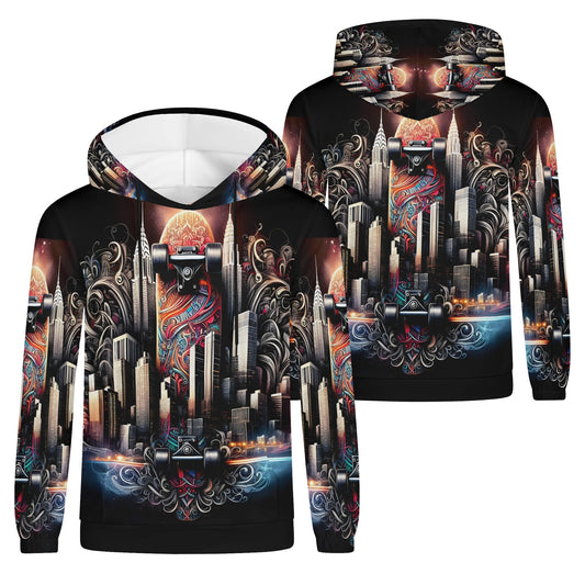 City Skate poly French terry hoodie by Loud and Lethal with vibrant skateboard and city skyline design