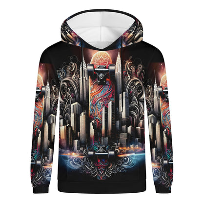 City Skate poly French terry hoodie by Loud and Lethal with colorful skateboard and city skyline design