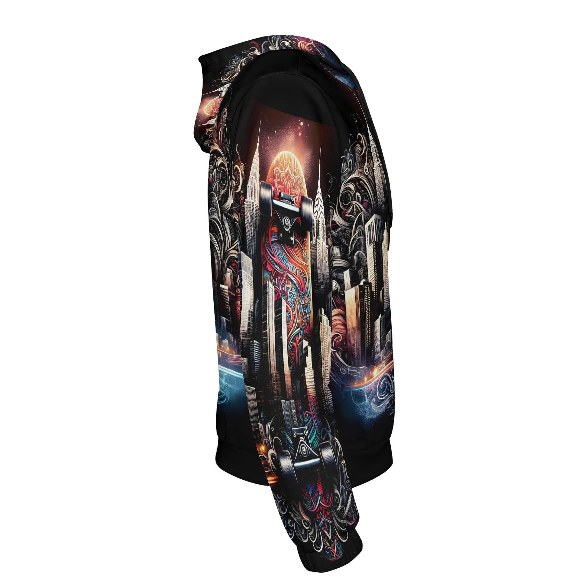 Loud and Lethal City Skate poly French terry hoodie with vibrant skateboard and cityscape design