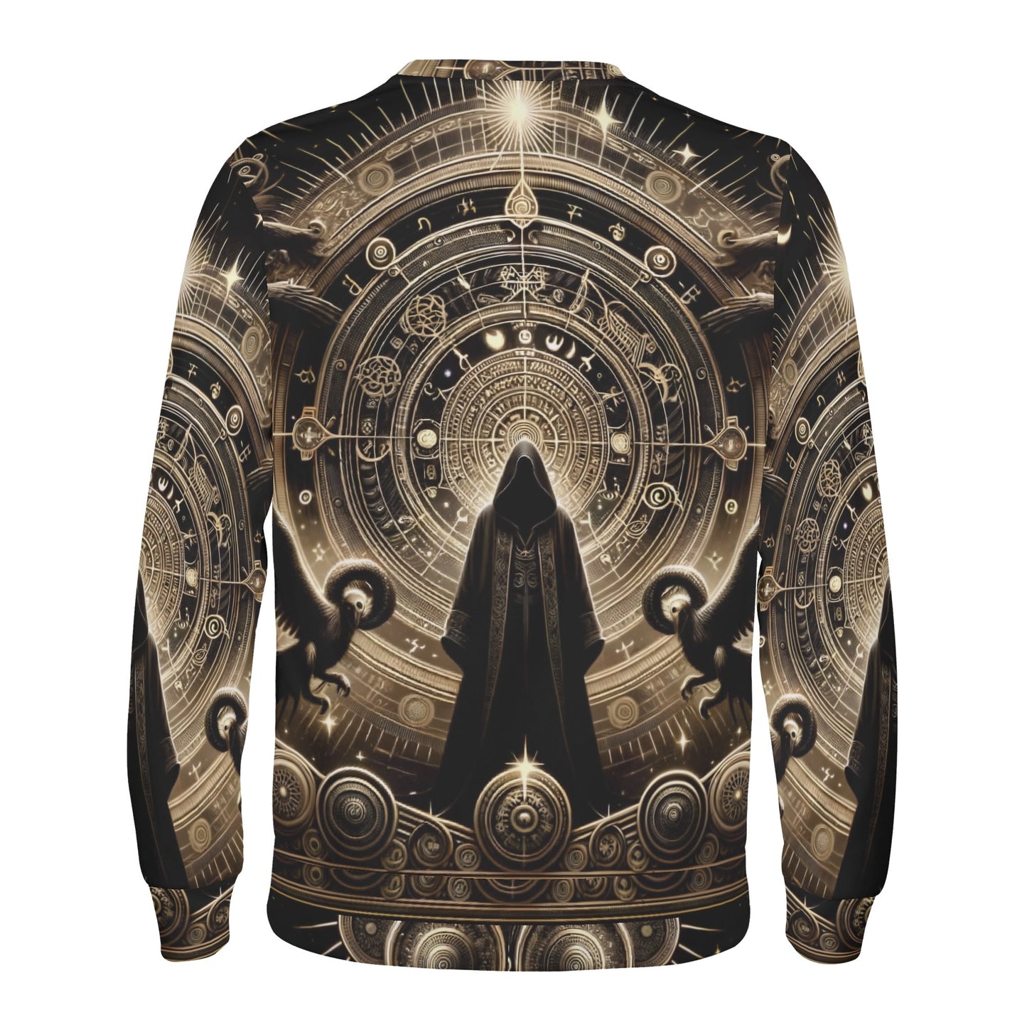 Starborn Ascendant Poly French Terry Sweatshirt unisex black gold occult mandala with cloaked figure