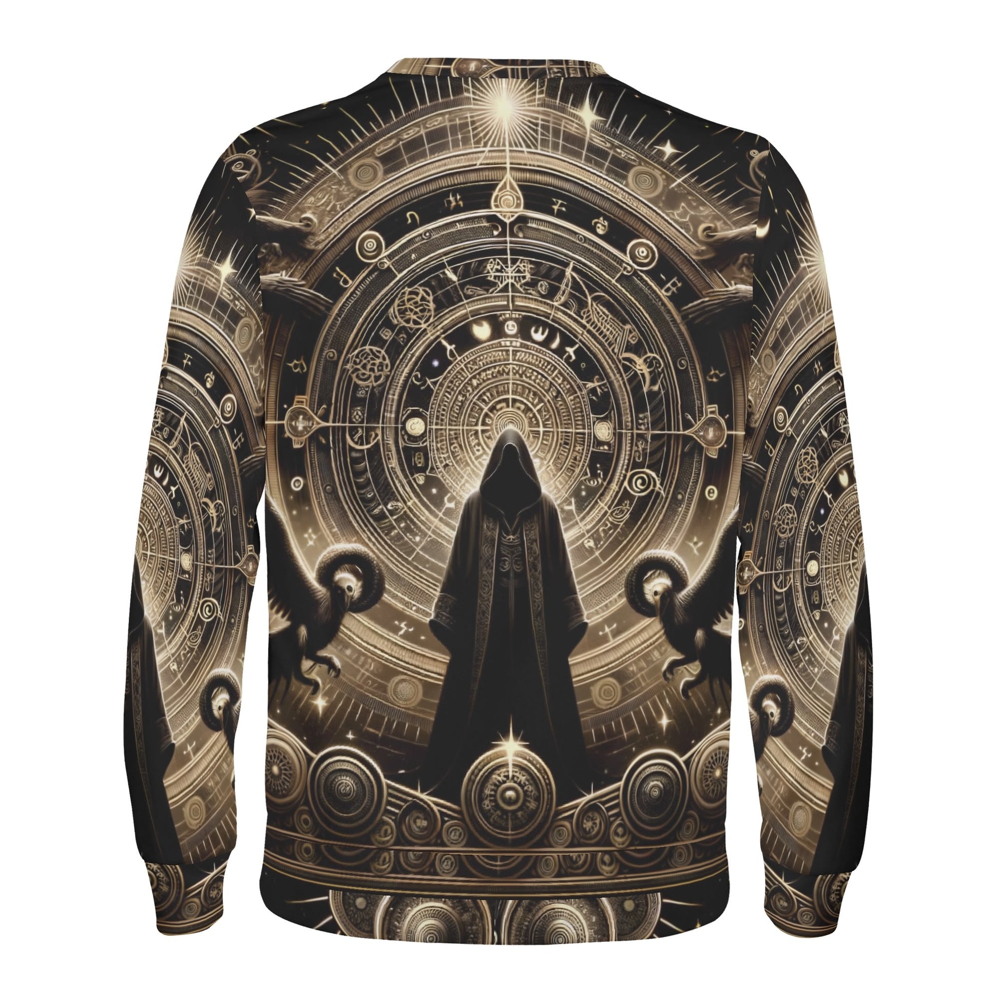Starborn Ascendant Poly French Terry Sweatshirt unisex black gold occult mandala with cloaked figure