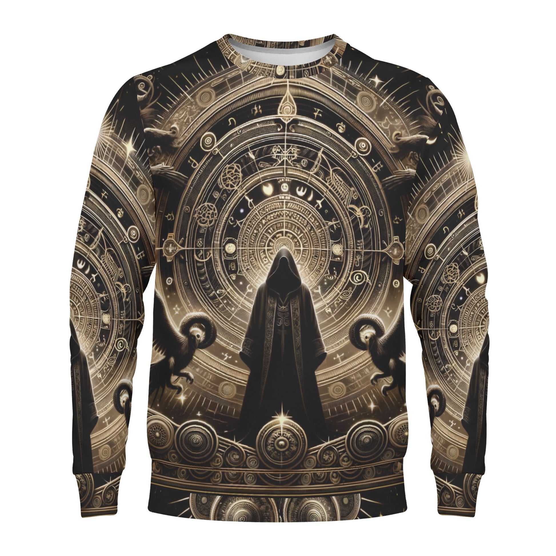 Starborn Ascendant Poly French Terry Sweatshirt unisex sweater with hooded cloaked figure and gold astrological mandala design