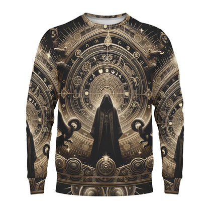 Starborn Ascendant Poly French Terry Sweatshirt unisex sweater with hooded cloaked figure and gold astrological mandala design