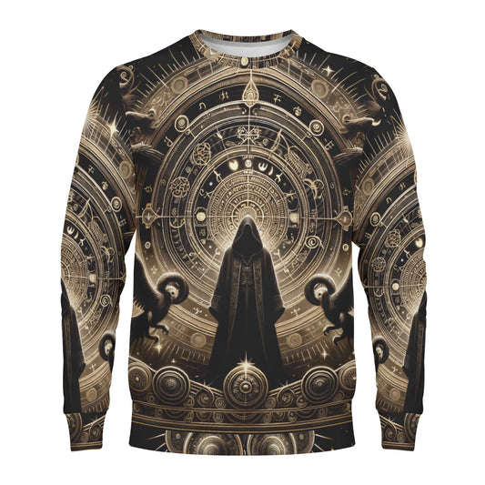 Starborn Ascendant Poly French Terry Sweatshirt unisex sweater with hooded cloaked figure and gold astrological mandala design