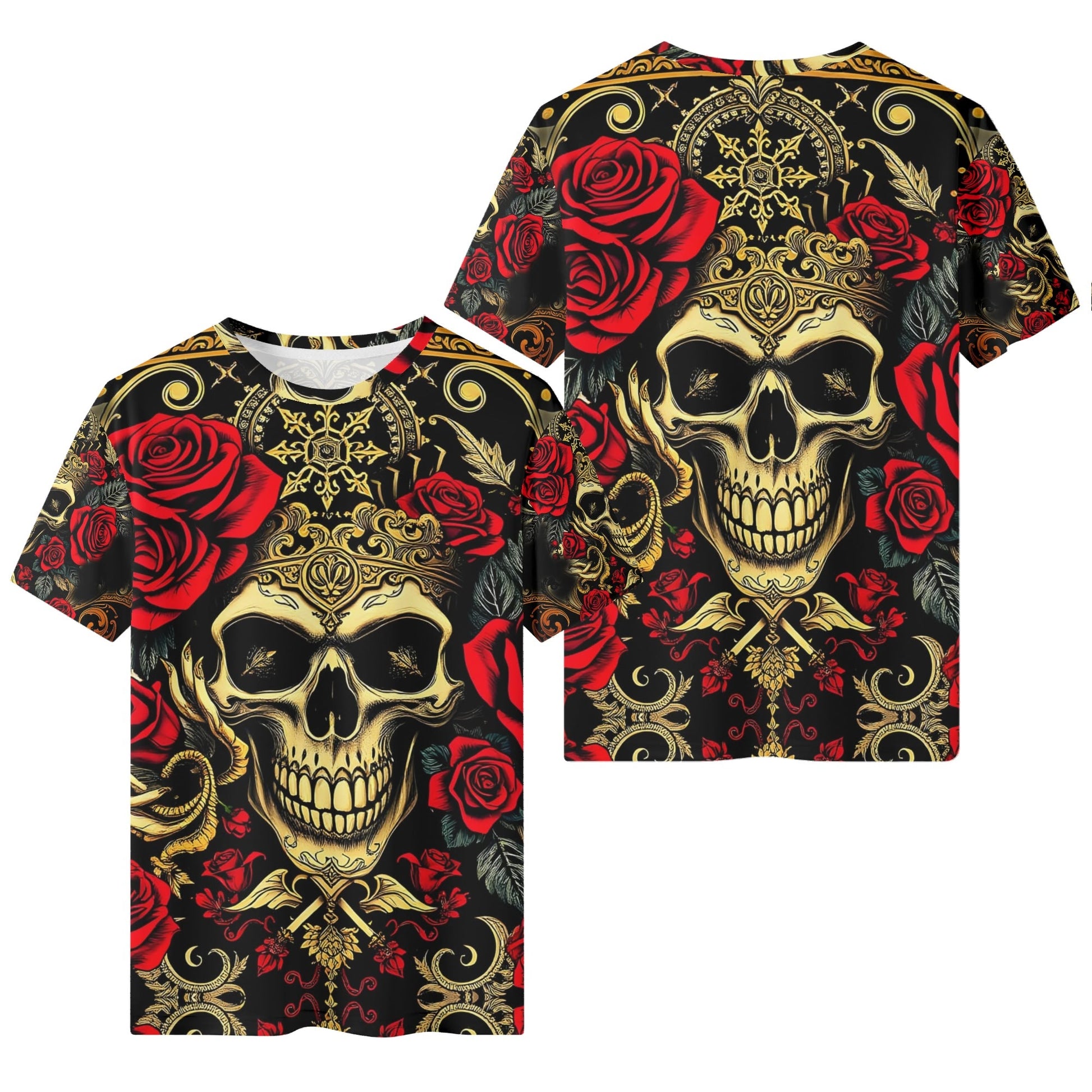 Loud and Lethal Crimson Path 100 Cotton T-Shirt with skull and red rose design, unisex