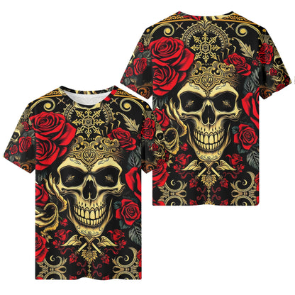 Loud and Lethal Crimson Path 100 Cotton T-Shirt with skull and red rose design, unisex