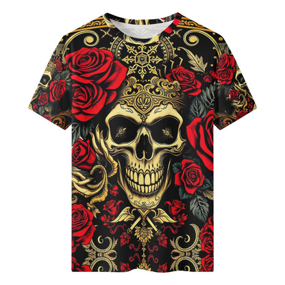 Crimson Path 100 Cotton T-Shirt featuring gold skull and red rose design on black background