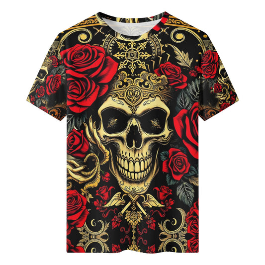 Crimson Path 100 Cotton T-Shirt featuring gold skull and red rose design on black background