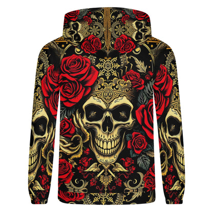 Loud and Lethal Crimson Path Poly French Terry hoodie with skull and red rose intricate design