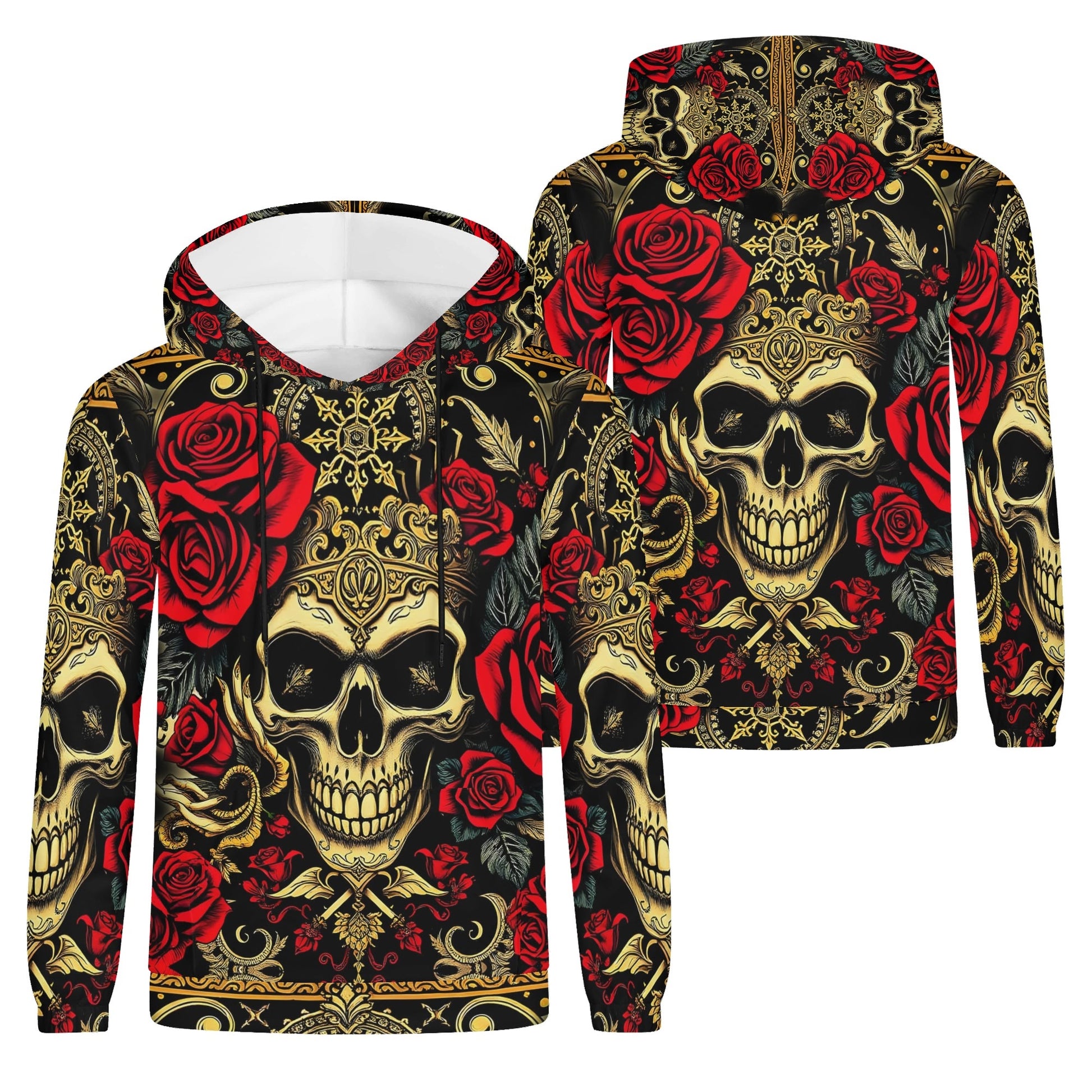 Loud and Lethal Crimson Path Poly French Terry hoodie with skull and red rose design, unisex hoodie front and back view