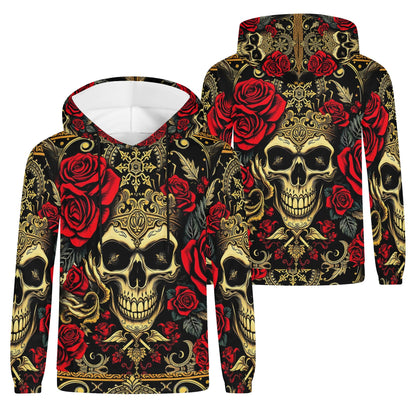 Loud and Lethal Crimson Path Poly French Terry hoodie with skull and red rose design, unisex hoodie front and back view