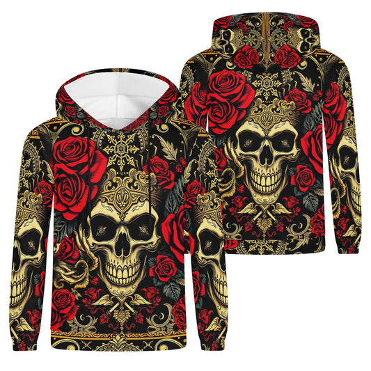 Loud and Lethal Crimson Path Poly French Terry hoodie with skull and red rose design, unisex hoodie front and back view