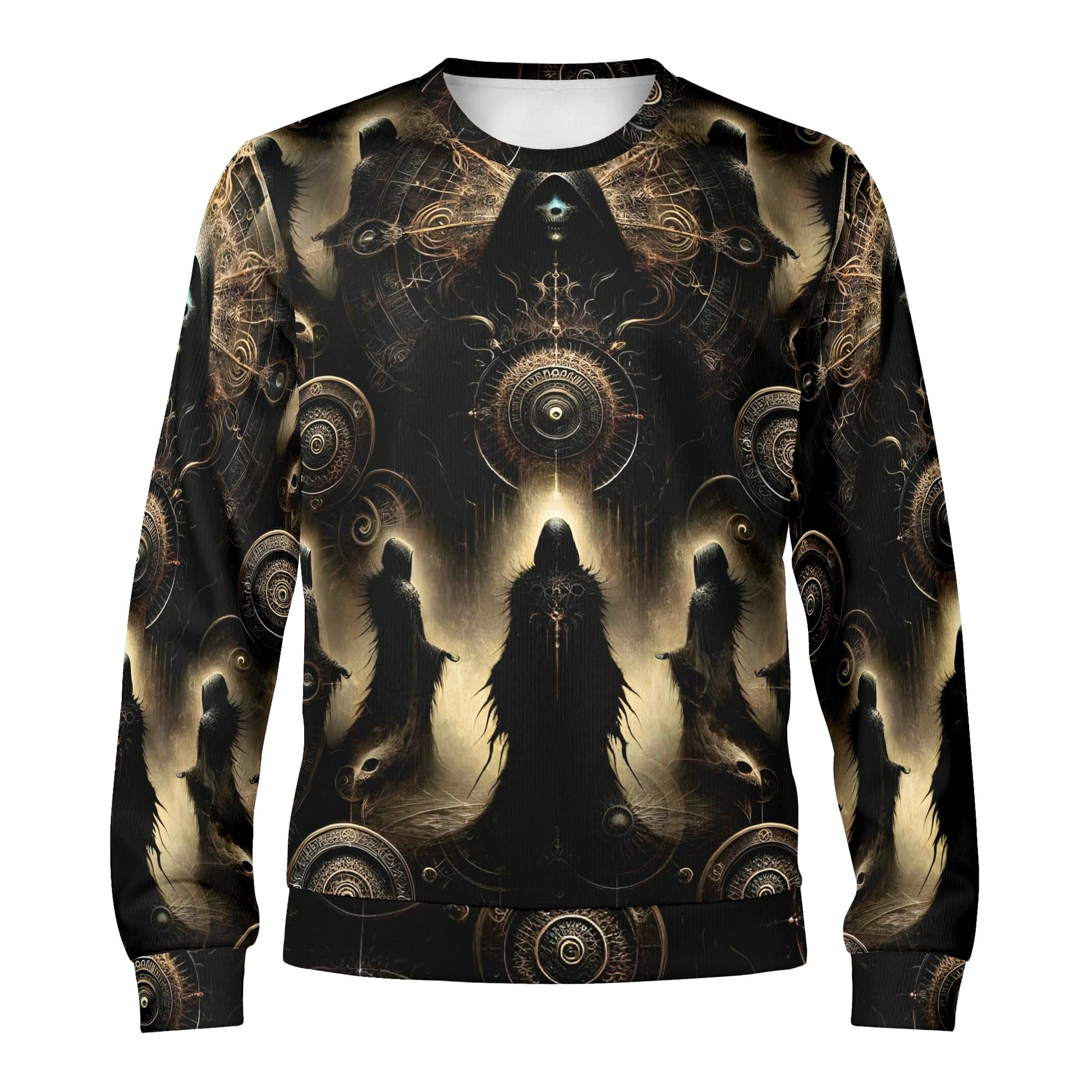 The Hooded Covenant Poly French Terry Sweatshirt unisex sweater with dark hooded figures and ornate gold sigil print