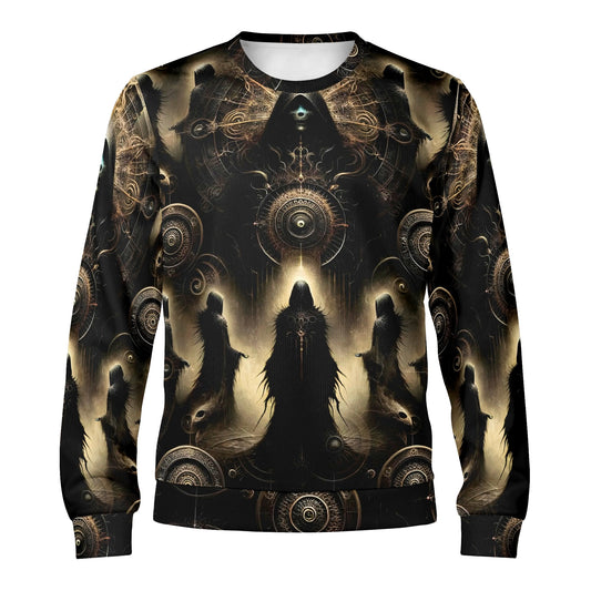 The Hooded Covenant Poly French Terry Sweatshirt unisex sweater with dark hooded figures and ornate gold sigil print