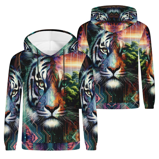 Loud and Lethal cybernetic jungle poly french terry hoodie with vibrant tiger and jungle design