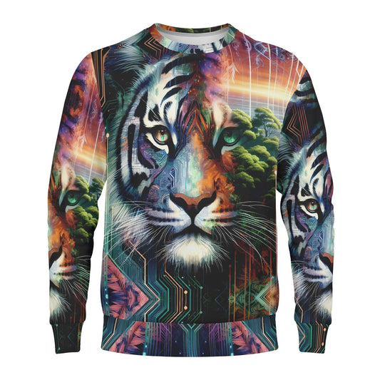 Cybernetic Jungle Poly French Terry Sweatshirt featuring a vivid tiger face and jungle scenery design