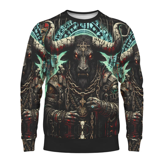 Unisex sweater with horned Minotaur chains and glowing red eyes Mythical Monsters Minotaur Poly French Terry Sweatshirt