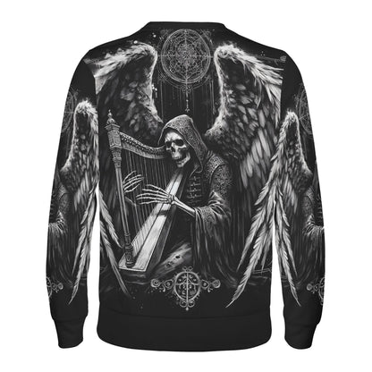 Loud and Lethal Harp of Shadows Poly French Terry Sweatshirt black unisex sweater with hooded skeleton angel and harp