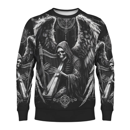 Loud and Lethal Harp of Shadows Poly French Terry Sweatshirt unisex black crewneck with gothic skeleton angel playing harp