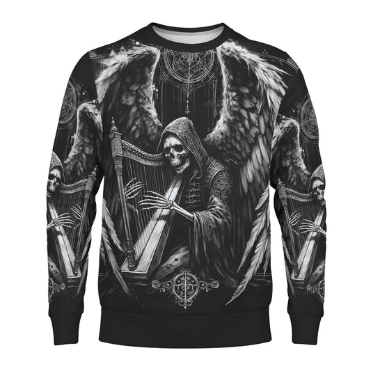 Loud and Lethal Harp of Shadows Poly French Terry Sweatshirt unisex black crewneck with gothic skeleton angel playing harp