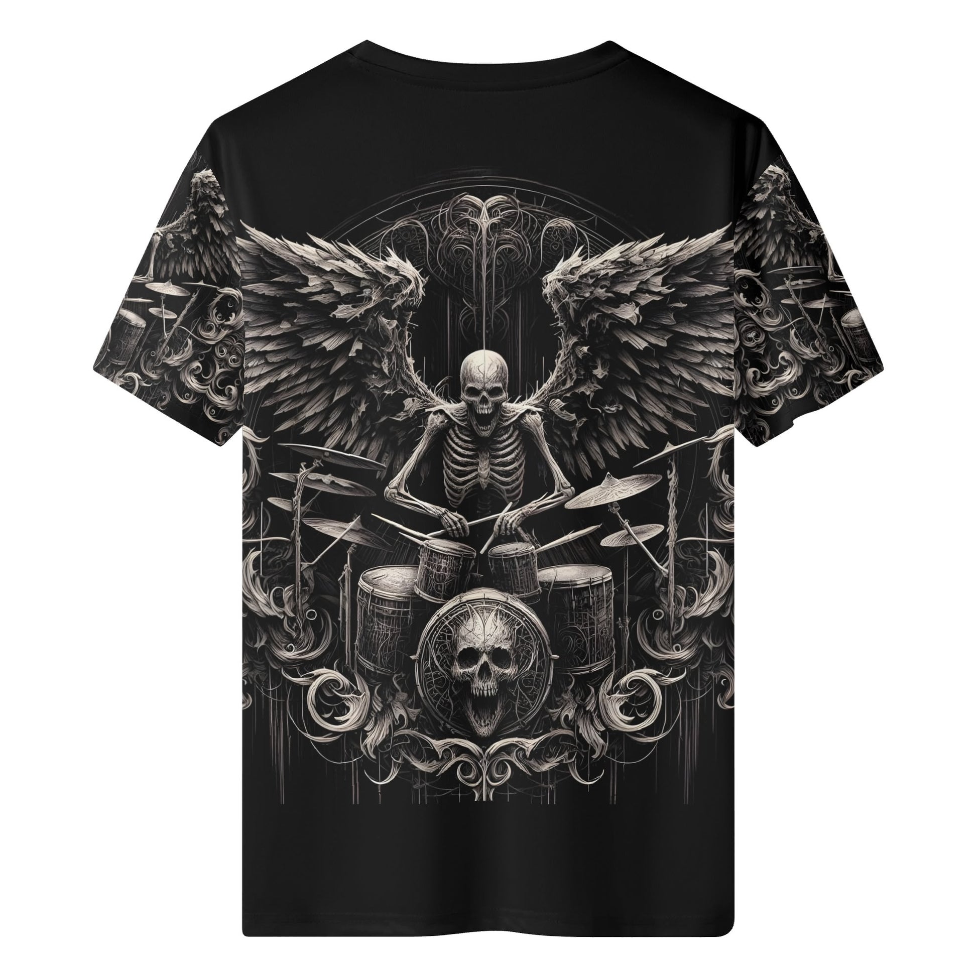 Dark Drumming 100 Cotton T Shirt featuring skeleton drummer with wings and skull design on black unisex tee