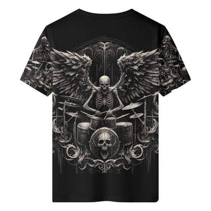 Dark Drumming 100 Cotton T Shirt featuring skeleton drummer with wings and skull design on black unisex tee