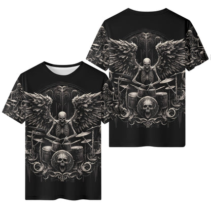 Dark Drumming 100 Cotton T-Shirt by Loud and Lethal featuring skeleton drummer with wings on black unisex tee