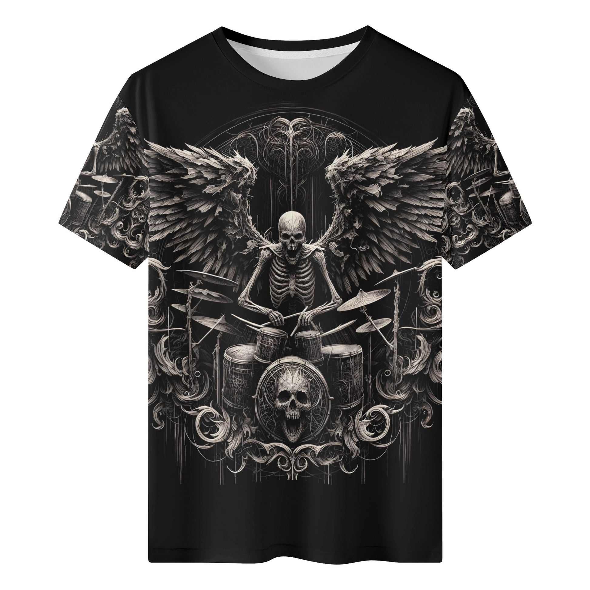 Dark Drumming 100 Cotton T-Shirt featuring a winged skeleton playing drums on a black unisex tee