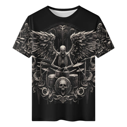 Dark Drumming 100 Cotton T-Shirt featuring a winged skeleton playing drums on a black unisex tee
