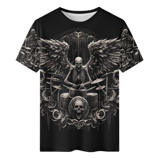 Dark Drumming 100 Cotton T-Shirt featuring a winged skeleton playing drums on a black unisex tee