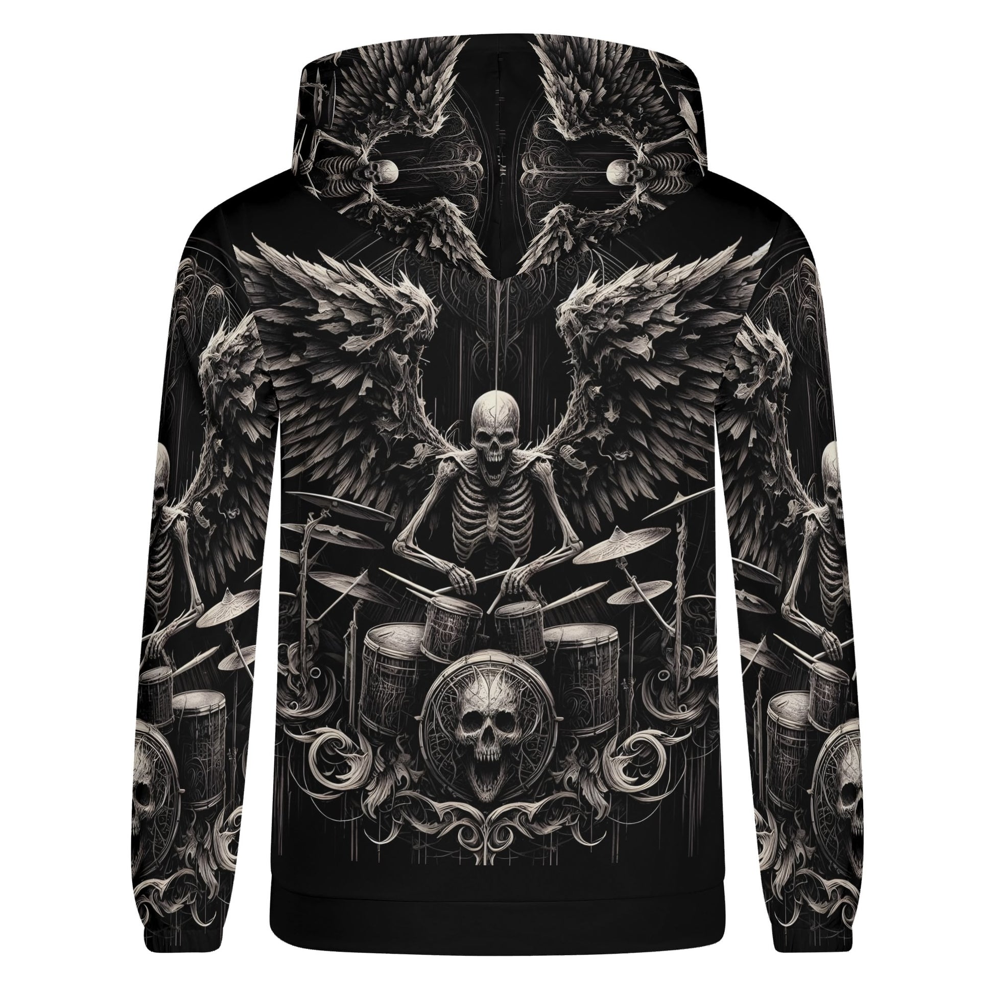 Loud and Lethal dark drumming cotton terry hoodie with skeleton drummer and wings graphic design