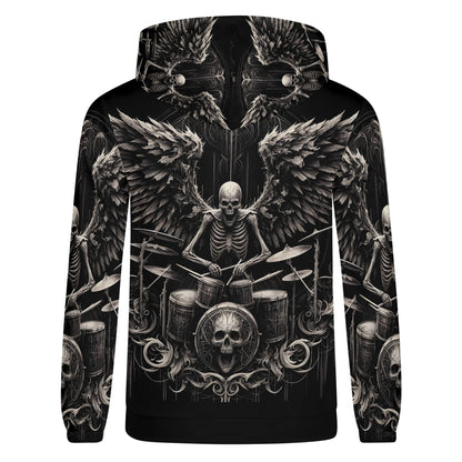 Loud and Lethal dark drumming cotton terry hoodie with skeleton drummer and wings graphic design