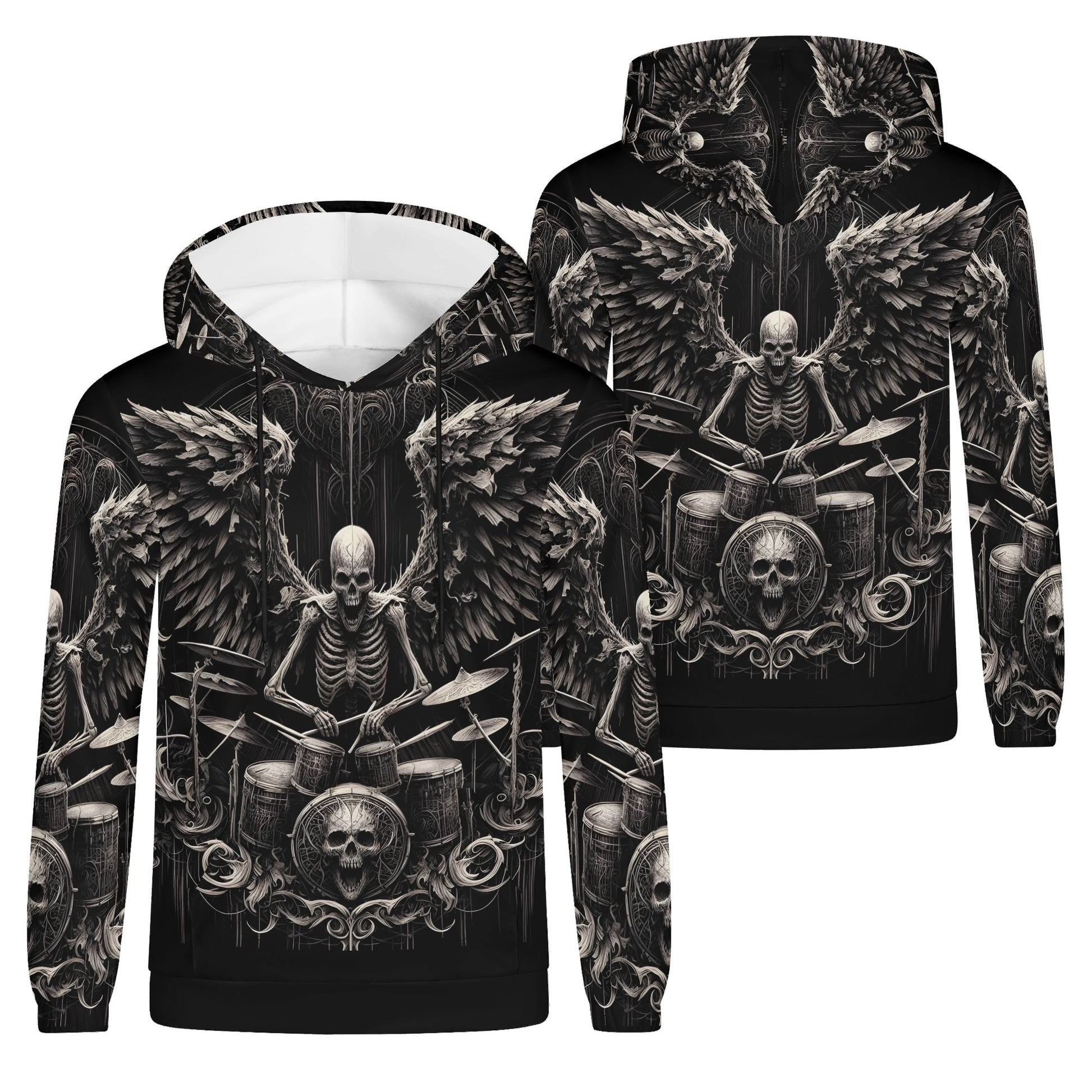 Loud and Lethal dark drumming cotton terry hoodie featuring skeleton drummer graphic with wings