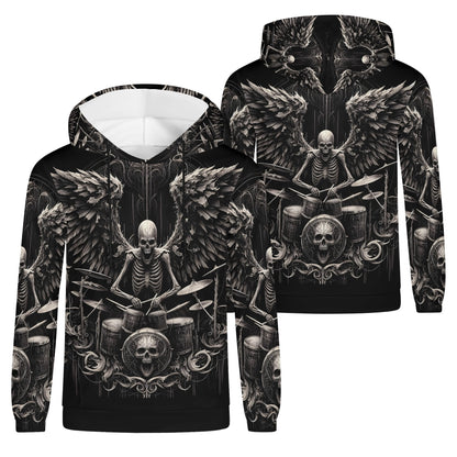 Loud and Lethal dark drumming cotton terry hoodie featuring skeleton drummer graphic with wings