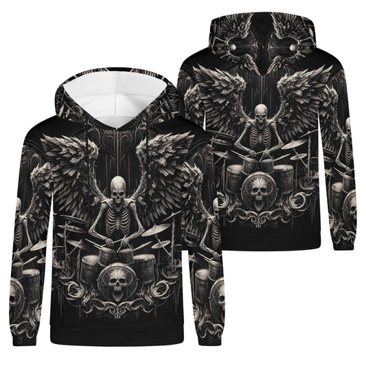 Loud and Lethal dark drumming cotton terry hoodie featuring skeleton drummer graphic with wings