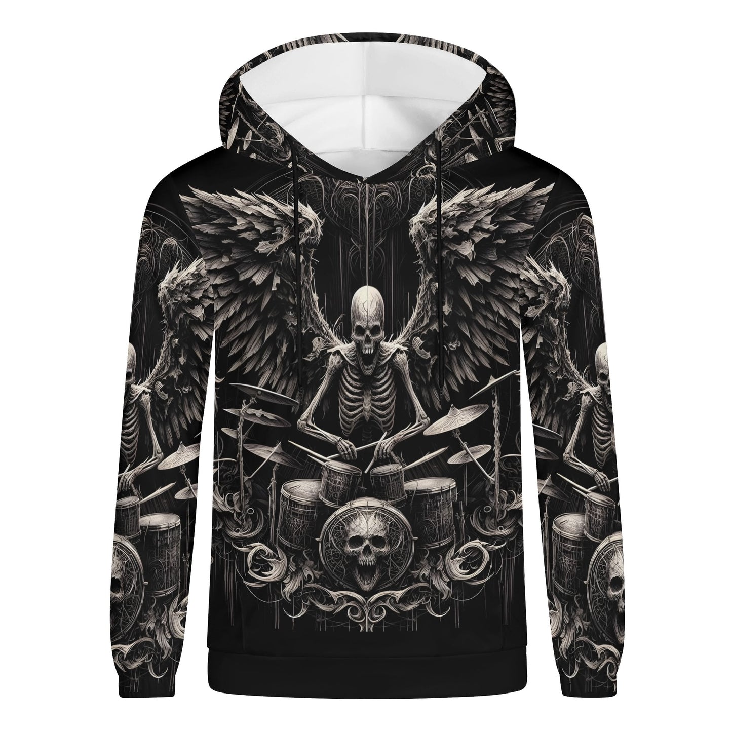 Dark drumming cotton terry hoodie featuring a skeleton drummer with wings and detailed skull design